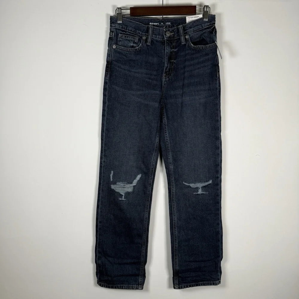 Old Navy Girls Jeans Size 14 Loose Medium Wash Distressed NEW‎ NWT